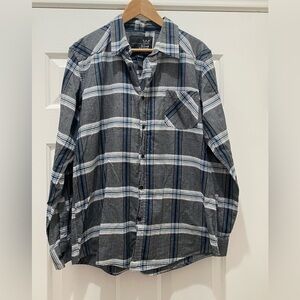Blue Crown Grey and Blue Plaid Button Down Long Sleeve with Collar, XL